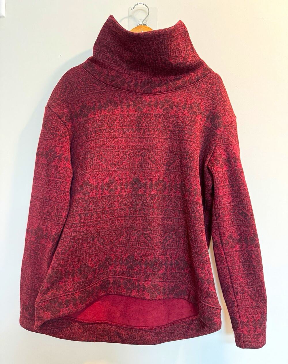Columbia Women Pullover Sweatshirt L Burgundy Black Cowl Neck Fleece Geometric